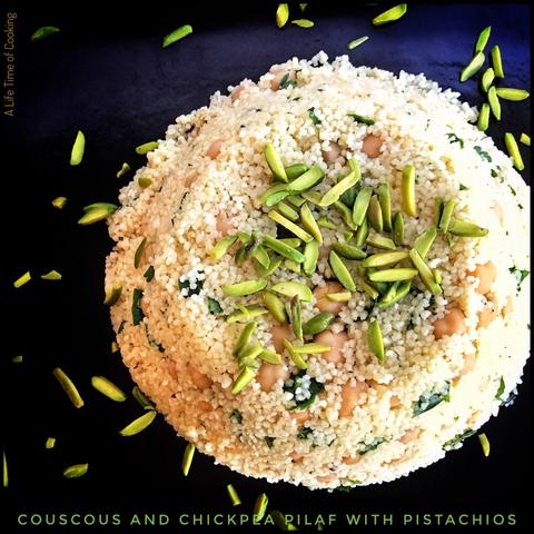 Couscous and chickpea pilaf with pistachio slivers.
