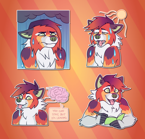 A collection of Telegram stickers of an anthro fox/wolf hybrid. In them, he looks miserable and sopping wet standing under pouring rain clouds; looks warm and sweaty, panting under a shining sun; stares with a senseless expression and his tongue out as his brain exits his body, saying "you can stay, but I'm leaving."; and writes hastily and excitedly in a small notebook.