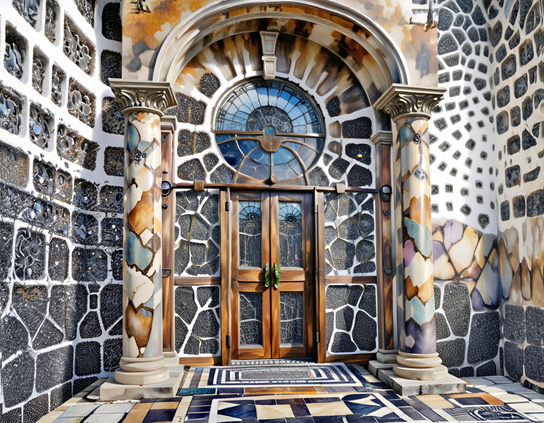 Arched entrance to guild headquarters building, with patterned stone walls, mosaic columns, round stained glass window, and a detailed tiled floor in various earth tones.