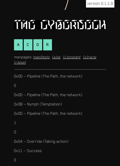 A screenshot of the CYBERDECK, a unix_surrealism divination tool. It is brutal.