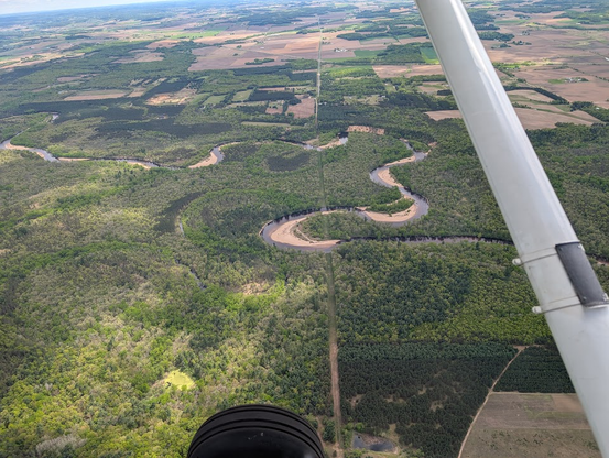 Winding river with large sandbars at each bend.