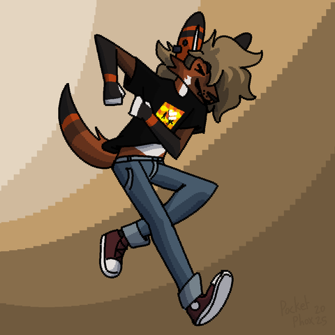 pixel style doodle of phox skanking, wearing a shirt with the album art of The Planet Smashers' "Unstoppable"