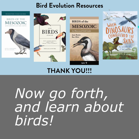 On the top are several different books about bird evolution: "Birds of the Mesozoic", "How Birds Evolve", and "When Dinosaurs Conquered the Skies".

Below that is a quote: "Now go forth and learn about birds"