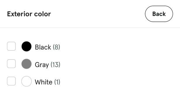 Car listing site. The colors are black, gray, white.