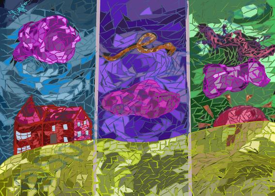 This is a tryptich mosaic. The first section is a red house with light blue windows, a pink cloud above the house with yellow grass and a blue background. The second frame is yellow grasses, a pink cloud above and an orange curling flying snake above in purple skies. The final frame shows yellow grasses, a red setting sun, a pink cloud and a red crack in the green sky.