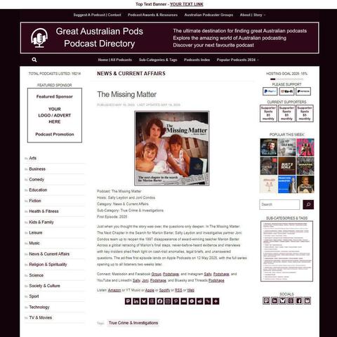 The Missing Matter
Screenshot of the podcast listing on the Great Australian Pods website