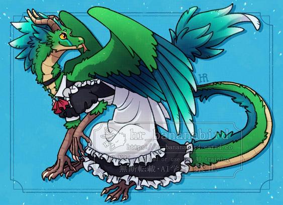 Digital art of a female dragon with a long body, green/blue feathers and a beige belly. They are wearing a black maid outfit with a white frilly apron, and a black choker. They are sitting like a cat and looking behind themself with a smile, sticking their tongue out, and sitting against a light blue colored background.