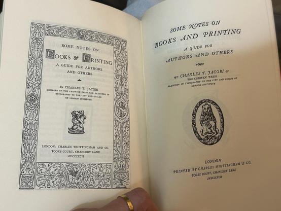 Title pages set in a quite elaborate ornamented style and a simpler italic one