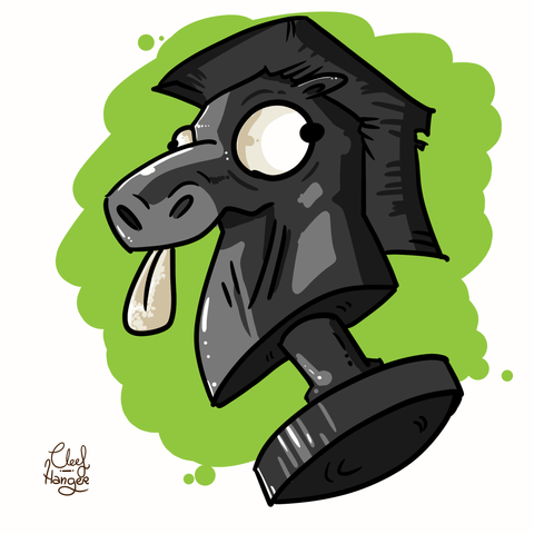 Pieza de ajedrez en forma de caballo con ojos saltones y sacando la lengua. De color grises y negros sobre fondo verde.