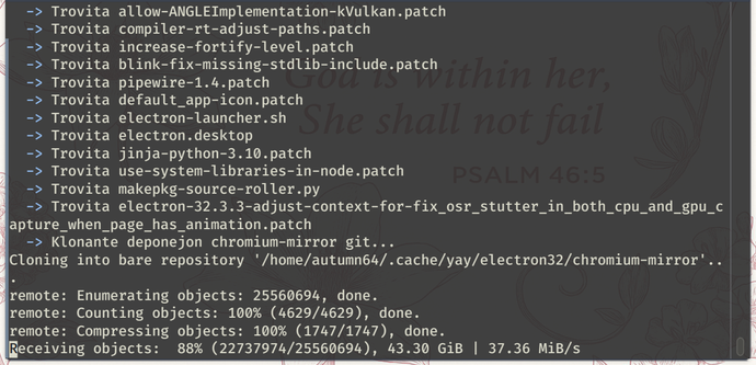 Una captura de pantalla de mi terminal mostrando una actualización de yay, en la que el repositorio que está clonando de git lleva un progreso de 86% con 43.30 GiB descargados.