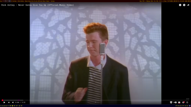 Updated Qtile setup, as described.  Main monitor only; one fullscreen window only, which is Rick Astley's "Never Gonna Give You Up"