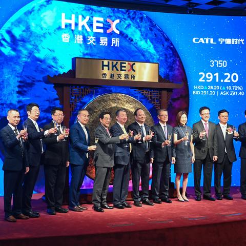 Executives from Contemporary Amperex Technology Ltd., or CATL, at the Hong Kong Stock Exchange on Tuesday.