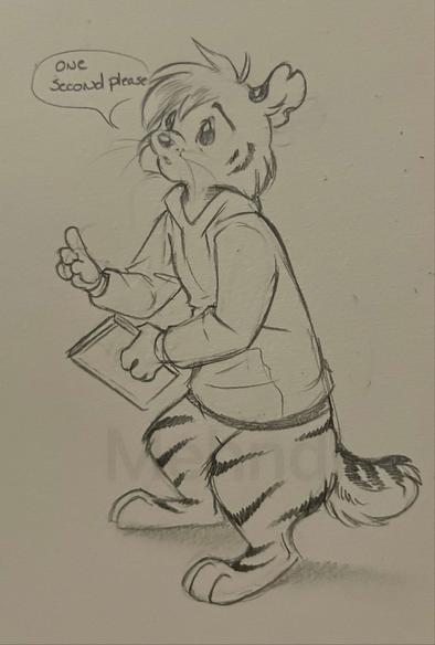 A sketch of an anthro tiger in a hoodie. He’s looking shy and holding a book. His right had raised as he says “one second please.