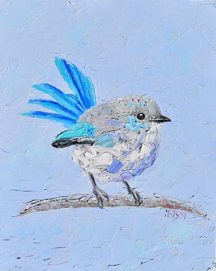 A thickly textured oil painting of a female Splendid Fairy Wren on a perch. The little bird is grey and white with blue tail and wings. The background of the painting is painted light sky blue.