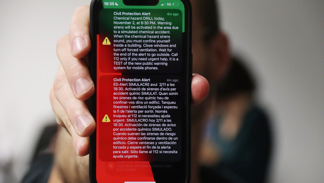 Missatge d'alerta de Protecció Civil en un simulacre anterior (ACN)