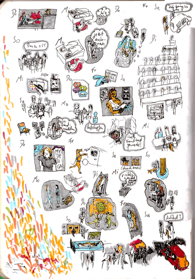 Rough, small sketches in ink with the best experience for almost every day in the timeframe.

The base is lineart in black and gray, often colored with sky blue, grass green, sun orange, or earth yellow as highlight-colors. On the right there is a streak of colors where I clean the pens after they take up black ink.

One is standing in front of a course, several are from playing computer games, set in frames, others are from roleplaying sessions.

In one I finally cracked the Necromancy of Thay.

Several contain a dog. Three are me lying besides a bed with two kids, reading aloud. A speech bubble shows scenes from the book.

It ends with five sketches from a roleplaying session: picking a lock, a dead bride, people standing in a room with guns pointed outside, a woman with a black winged being behing her, 

Please take care of yourself. You are worthy of experiencing joy.