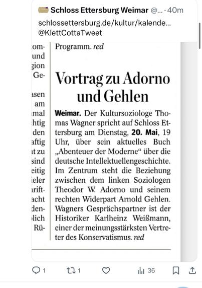X-Post von Schloss Ettersburg mit Ankündigung eines Auftritts von Karlheinz Weißmann, 20.5.2025.