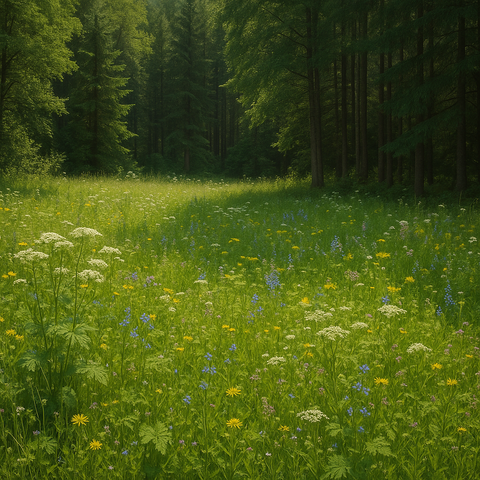 Bild einer Kräuterwiese, die an einen Wald angrenzt