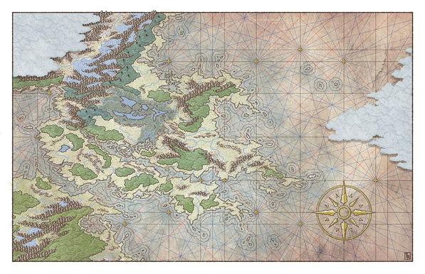 A map showing navigational charts.. On the left, a landmass with unknown region in the Northwest covered with mist. The same goes for the ocean in the far East. The map is unlabelled.