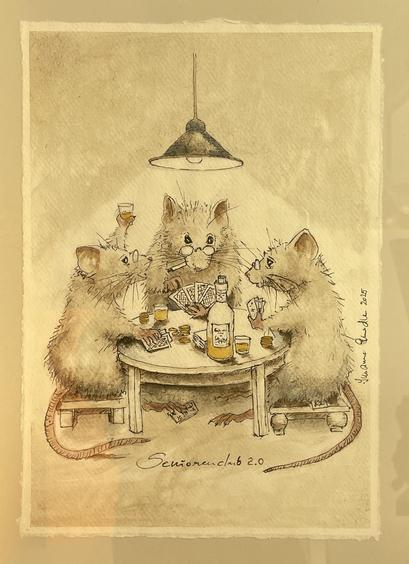 a watercolor drawing: three senior rats sit around a round table in the light of a lamp and play cards together