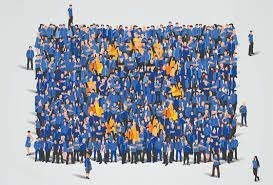 A diverse crowd gathered, enthusiastically displaying flags and banners at a public event. They form the EU flag.