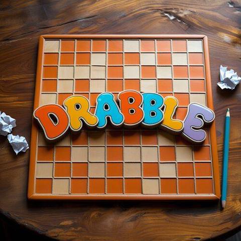 Ein hölzernes Scrabblespielfeld liegt auf einem runden Holztisch. Auf dem Spielfeld ist der Schriftzug DRABBLE in bunten Großbuchstaben dargestellt. Rechts vom Spielfeld liegt ein Bleistift. Links davon zwei Papierschnipsel.