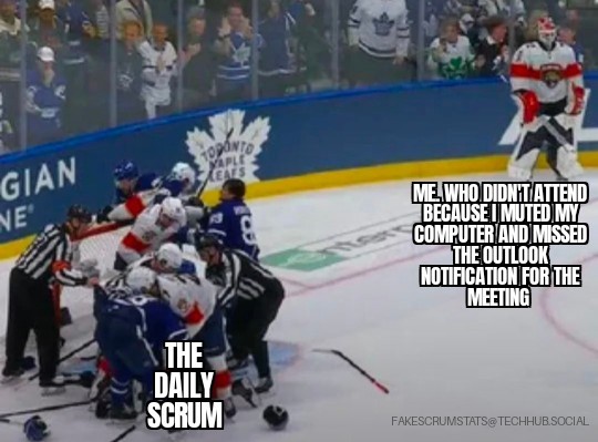 Picture of multiple players on the Florida Panthers and Toronto Maple Leafs fighting. They are labeled "The Daily Scrum"

The Florida goalie is alone in by the side boards. He is labeled "Me, who didn't attend because I muted my computer and missed the Outlook notification for the meeting"