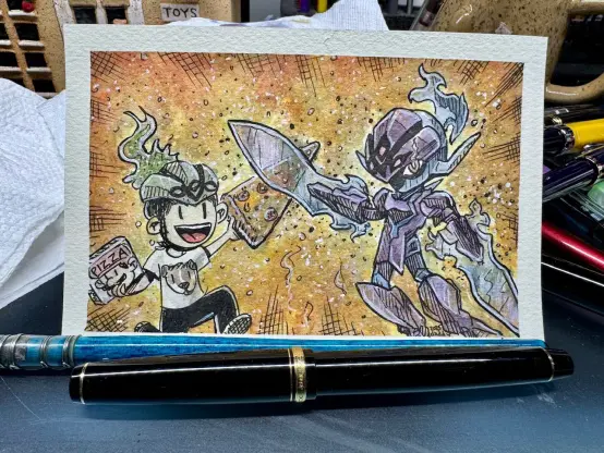 Ink and watercolour cartoon illustration of a young boy battling a Pokemon character with a giant piece of pizza as a weapon.
