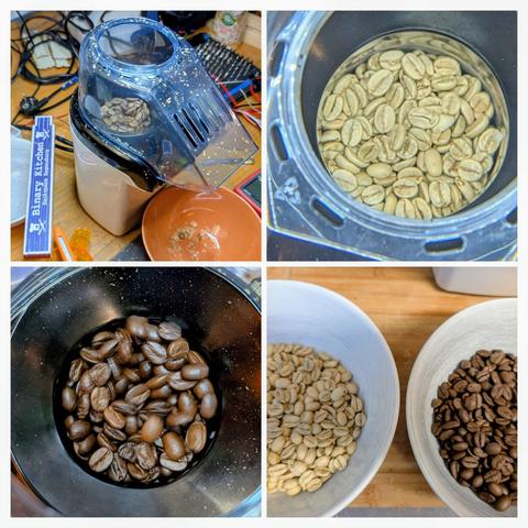 Collage aus vier Bildern:
1) Popcornmaschine mit Aufsatz und ungerösteten, hellen Kaffeebohnen auf einer Werkbank inklusive Binary Kitchen Zollstock
2) Ungeröstete Kaffeebohnen, sehr hell
3) Geröstete Kaffeebohnen, dunkel
4) Ungeröstete Kaffeebohnen in einer Schüssel neben gerösteten Bohnen