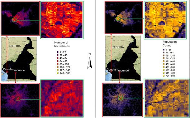 Graphic images showing: A) Number of households and B) Population counts at 100 m-by-100 m spatial resolution; with inset maps focusing on the spatial distributions of number of people (population count) and the number of households in Douala and Yaoundé.