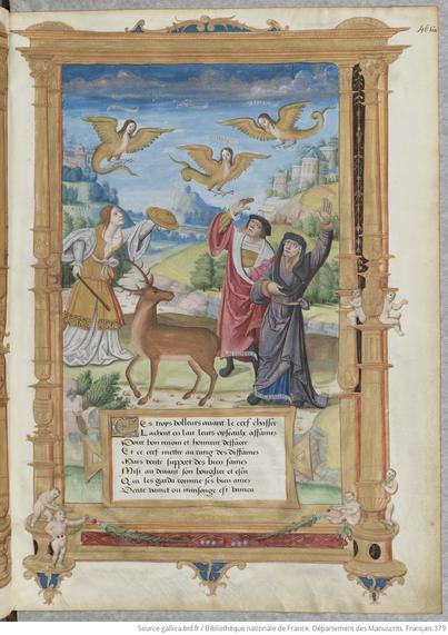 L'enluminure occupe toute la page ; elle est encadrée par un faux cadre d'architecture doré dans lequel sont peint des petits enfants nus.
Au centre de l'image, une femme (Vérité) vêtue de blanc et d'or, porte un bouclier qu'elle dirige vers trois harpies peintes en haut (mi-femmes mi oiseaux) ; en bas, un cerf et à droite, deux personnages (un en rouge et un en gris et bleu) lèvent les bras et se protègent des harpies. Tous sont identifiés. Les hommes sont Honneur et Bon renom.
A l'arrière-plan, un paysage de montagne avec une rivière qui serpente. Quelques constructions sont placées en haut des collines. Les couleurs sont claires et plutôt vives.