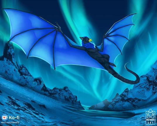 A bird wyvern enjoying a flight under the northern lights.