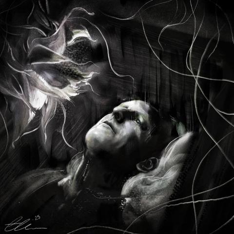 NoSleep season 22, episode 23 image. A black and white image of a man reclining, with bright blossoms and vines hovering near his head.