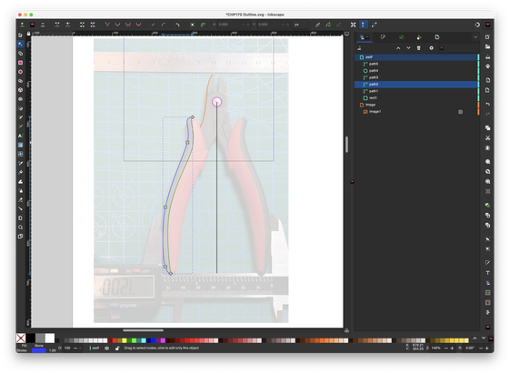 A screen capture from Inkscape.  The photo of the clippers is a dim background image.  In the foreground are a 100 by 100 millimeter square aligned with the ruler's 40 and 140 marks, a circle around the cutters' fulcrum, a vertical line marking the calipers' centerline, and three Beziér curves.  One Bézier traces the outer edge of the calipers' left blade.  The second traces the highest point in the curved handle's plastic grip.  The third traces the outer edge of the grip.  It is selected for editing and has five control points.