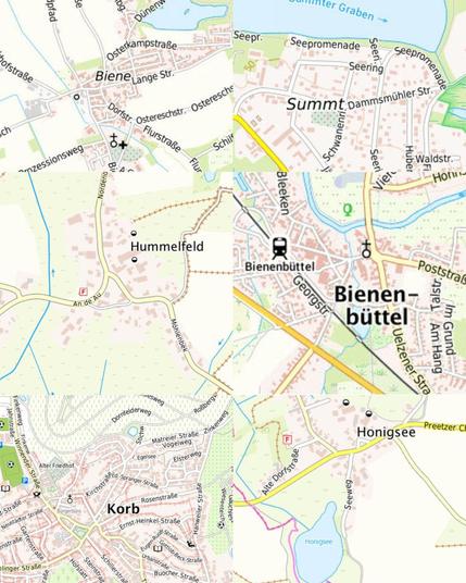 6 Kartenausschnitte mit den Orten: Biene, Summt, Hummelfeld, Bienenbüttel, Korb und Honigsee