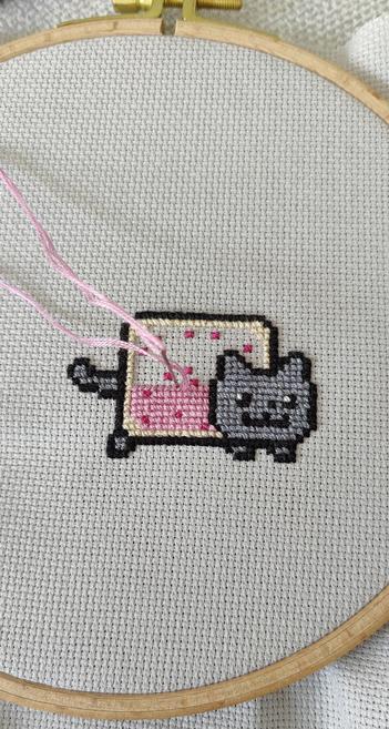 Eine Nyancat auf hellgrauem Aidastoff, der in einem Stickrahmen eingespannt ist.