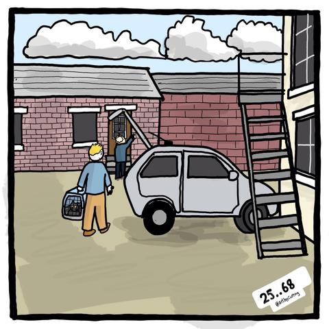 Pictured carrying cat to cattery. We are going away for first time in a long time. Backdrop of low level red brick buildings. Under fluffy white clouds. With the car front and centre. Carrying the cat box to the cattery