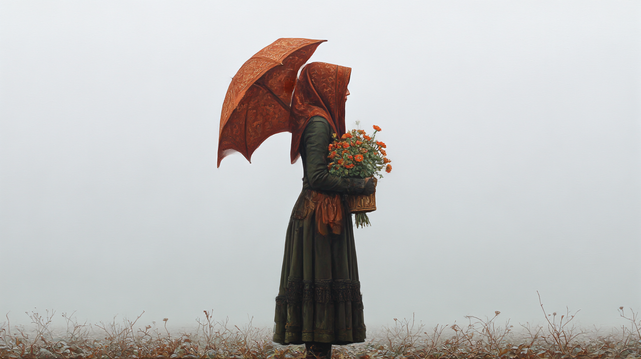 L'Immobilité Rousse
Femme en tenue ancienne tenant un bouquet de fleurs et un parapluie, figée dans une brume silencieuse aux tons rouille et bruns.
Woman in vintage attire holding a bouquet and umbrella, frozen in silent mist with rust and brown tones.