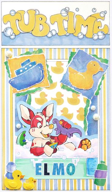 A scrapbook style badge of Elmo the dino chihuahua. They're in a bathtub with a towel on the edge, filled with bubbles and playing with bath toys. There's little bath ephemera and stickers decorating the badge. The top reads "Tub Time".