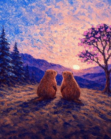 Two groundhogs watching a sunset