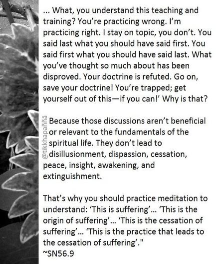 ... What, you understand this teaching and training? You’re practicing wrong. I’m practicing right. I stay on topic, you don’t. You said last what you should have said first. You said first what you should have said last. What you’ve thought so much about has been disproved. Your doctrine is refuted. Go on, save your doctrine! You’re trapped; get yourself out of this—if you can!’ Why is that? 
Because those discussions aren’t beneficial or relevant to the fundamentals of the spiritual life. They don’t lead to disillusionment, dispassion, cessation, peace, insight, awakening, and extinguishment.
That’s why you should practice meditation to understand: ‘This is suffering’… ‘This is the origin of suffering’… ‘This is the cessation of suffering’… ‘This is the practice that leads to the cessation of suffering’."
~SN56.9