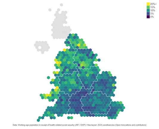 A hex cartogram of UK constituencies. The English and Welsh ones are coloured by the percentage of the working-age population in receipt of health-related social security. The scale goes up to "20%+". The parts of the country with proportions reaching 20% are in the North West, North East, Wales and bits of south Yorkshire. Exceptions in the south of England include Clacton and some other coastal constituencies.