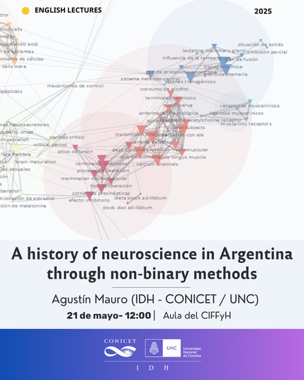 Flyer: English Lectures 2025. Presentation title: A history of neuroscience in Argentina. Author: Agustín Mauro. Date: 21 May at 12:00 (argentinian time)