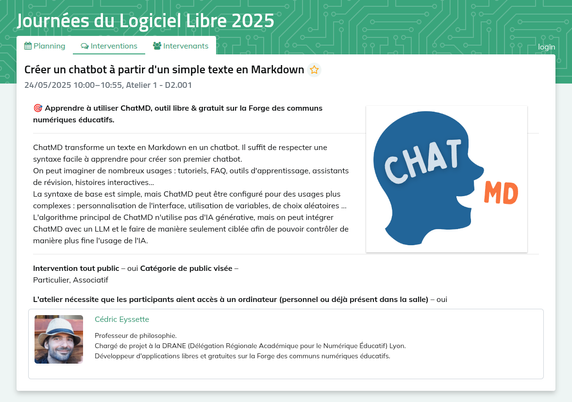 Capture d'écran du site mentionné dans le pouet :
https://pretalx.jdll.org/jdll2025/talk/7DSAK7/