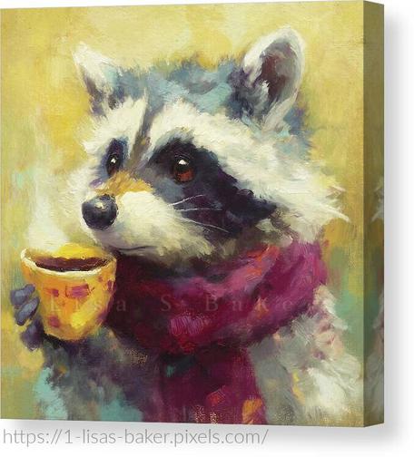 An art print of a raccoon holding a cup of coffee. Art by Lisa S Baker.