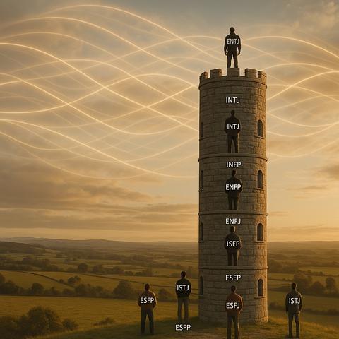 Das Bild zeigt einen symbolträchtigen, steinernen Turm, der sich in mehreren Ebenen über eine weite Landschaft erhebt – als Sinnbild für kognitive Perspektiven und Resonanzfähigkeit im „Spiel der Schwingung“. Jede Ebene ist mit einer Figur versehen, die für einen bestimmten MBTI-Persönlichkeitstyp steht. An der Spitze des Turms befinden sich intuitive, visionäre Typen wie INFJ oder INTJ – ihre Körperhaltung wirkt ruhig, ihre Aufmerksamkeit ist auf die leuchtenden Energieströme im Himmel gerichtet. Diese Ströme symbolisieren das universelle Schwingungsfeld.

Je weiter unten im Turm, desto impulsiver, unruhiger oder abgewandter sind die Figuren – repräsentierend die sensorisch geprägten, handlungsorientierten Typen wie ESTP oder ESFP, deren Verbindung zum Schwingungsfeld gestört oder gar nicht vorhanden scheint.

Die Lichtstimmung des Bildes ist bewusst gewählt: Oben strahlt goldenes, transzendentes Licht, während nach unten hin dunklere, erdigere Töne dominieren – als Metapher für Bewusstseinstiefe und karmische Wirkung. Der Turm steht nicht für Überlegenheit, sondern für Verantwortung: Jeder Typ spielt im kosmischen Resonanzspiel seine Rolle – doch nur jene, die altruistisch mit dem Feld schwingen, stabilisieren das Ganze. Egoismus erzeugt Entropie – und damit Disharmonie im großen Spiel der Schwingung.

⸻

Image Description (English):

The image presents a metaphorical stone tower rising in layers over a wide and serene landscape – a symbol of cognitive perspective and reson