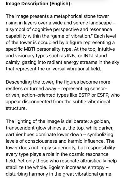 Image Description (English):
The image presents a metaphorical stone tower rising in layers over a wide and serene landscape - a symbol of cognitive perspective and resonance capability within the "game of vibration." Each level of the tower is occupied by a figure representing a specific MBTI personality type. At the top, intuitive and visionary types such as INFJ or INTJ stand calmly, gazing into radiant energy streams in the sky that represent the universal vibrational field.
Descending the tower, the figures become more restless or turned away - representing sensor-driven, action-oriented types like ESTP or ESFP, who appear disconnected from the subtle vibrational structure.
The lighting of the image is deliberate: a golden, transcendent glow shines at the top, while darker, earthier hues dominate lower down - symbolizing levels of consciousness and karmic influence. The tower does not imply superiority, but responsibility: every type plays a role in the cosmic resonance field. Yet only those who resonate altruistically help stabilize the whole. Egoism increases entropy - disturbing harmony in the great vibrational game.🖖