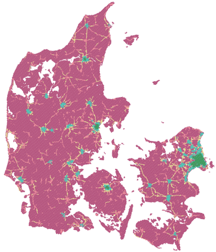 Bikeability clusters. The clusters form clear spatial patterns based on urban areas and population densities despite using a clustering algorithm with no spatial constraints and not using population density as input. See http://www.bikenetwork.dk for an interactive version.