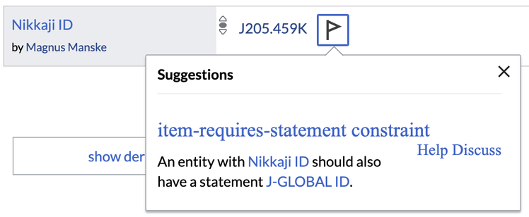 Suggestion
item-requires-statement constraint
An entity with P2085 should also have a statement P7783