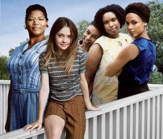 The women of The Secret Life of Bees in a publicity shot. They are Queen Latifah, Dakota Fanning, Sophie Okenado, Jennifer Hudson, and Alicia Keys.